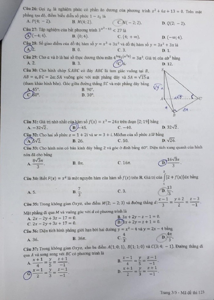 Giáo dục - Đáp án đề thi môn Toán tốt nghiệp THPT Quốc gia 2020 chuẩn nhất mã đề 123 (Hình 3).
