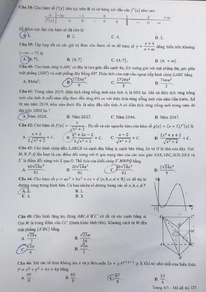 Giáo dục - Đáp án đề thi môn Toán tốt nghiệp THPT Quốc gia 2020 chuẩn nhất mã đề 123 (Hình 4).
