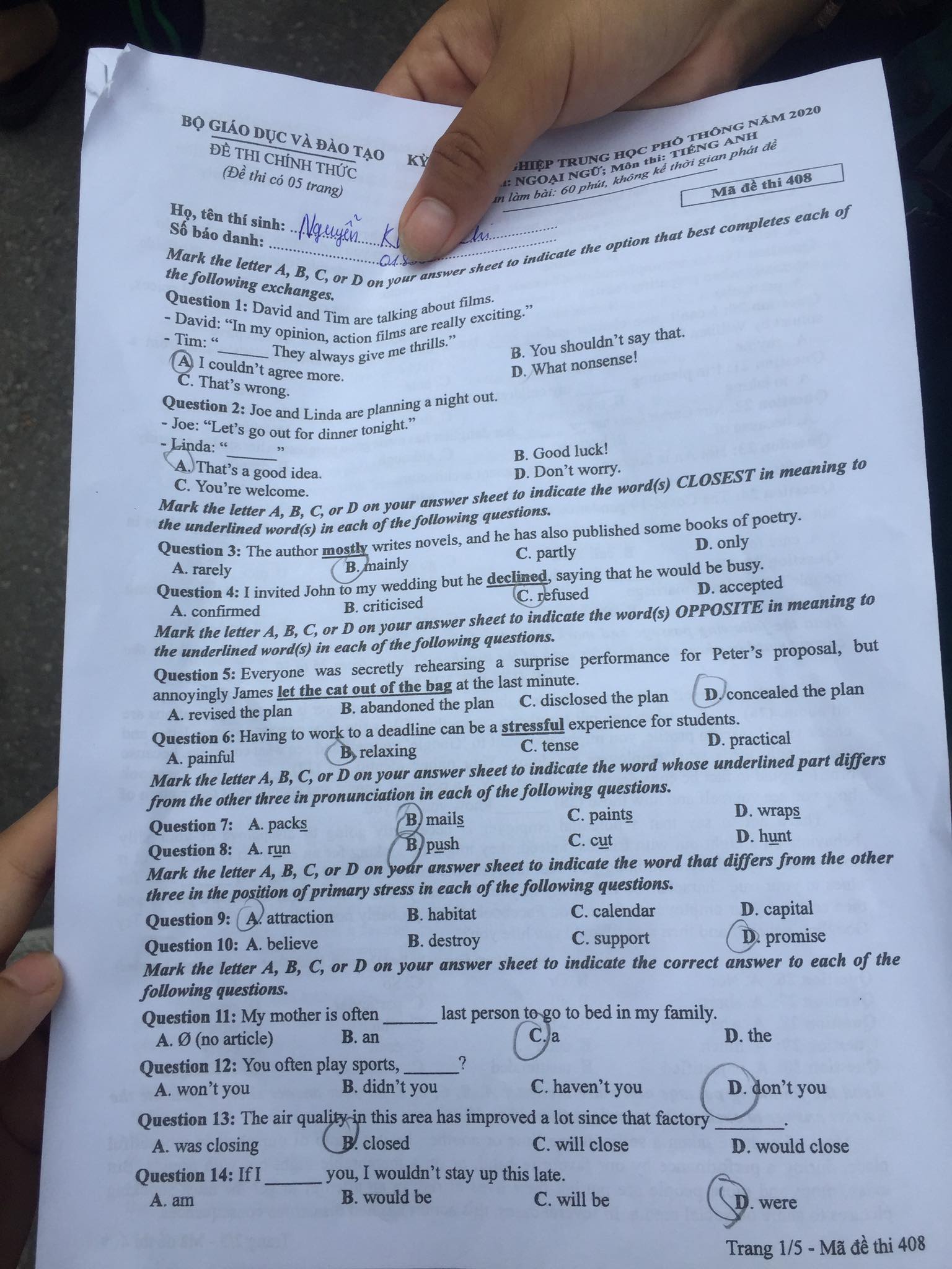 Giáo dục - Đáp án đề thi môn Tiếng Anh tốt nghiệp THPT 2020 chuẩn nhất mã đề 408