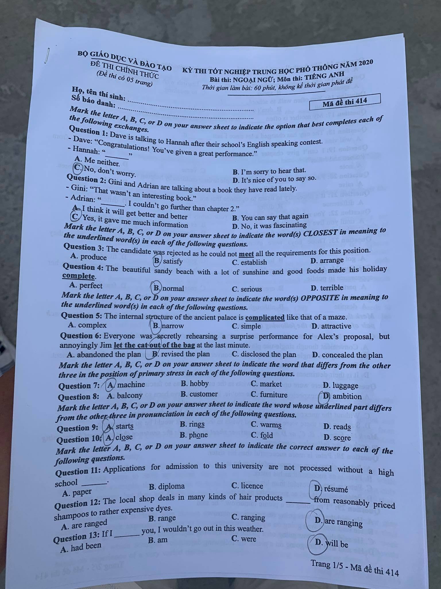 Giáo dục - Đáp án đề thi môn Tiếng Anh tốt nghiệp THPT 2020 chuẩn nhất mã đề 414