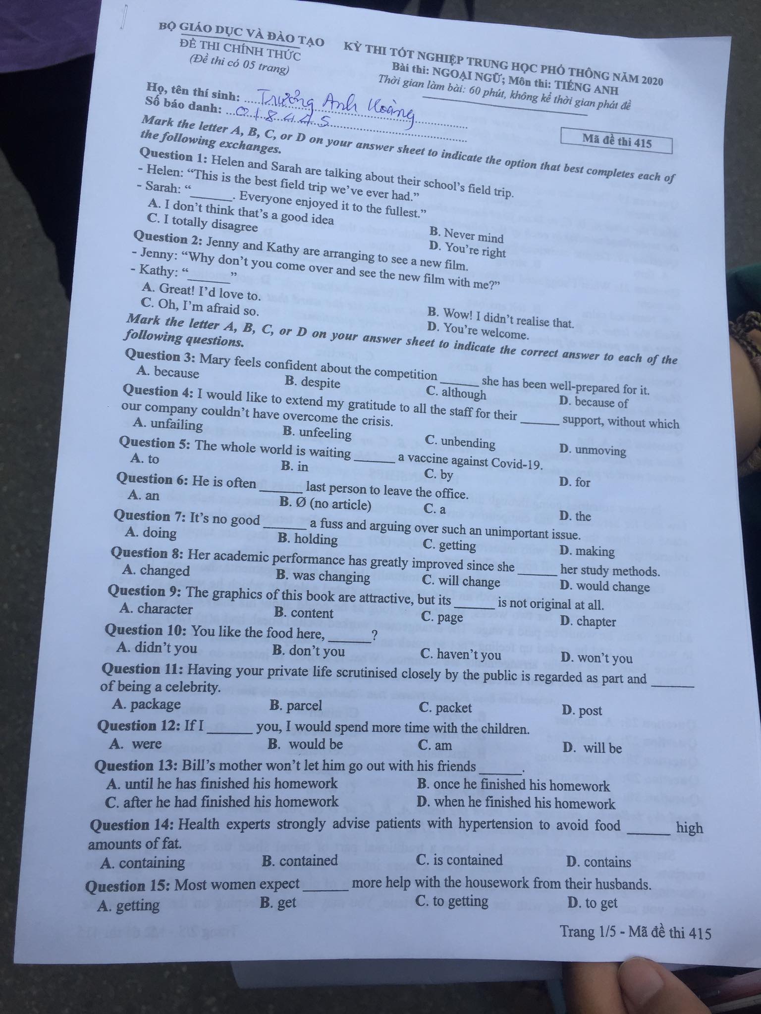 Giáo dục - Đáp án đề thi môn Tiếng Anh tốt nghiệp THPT 2020 chuẩn nhất mã đề 415