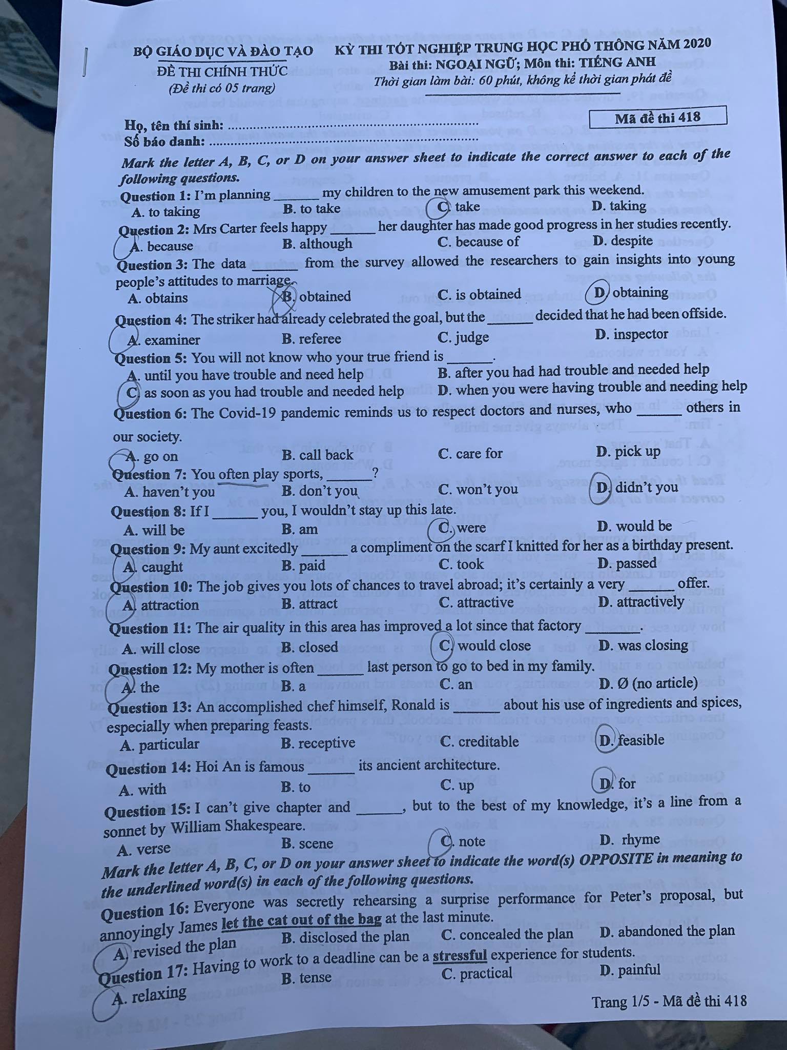 Giáo dục - Đáp án đề thi môn Tiếng Anh tốt nghiệp THPT 2020 chuẩn nhất mã đề 418