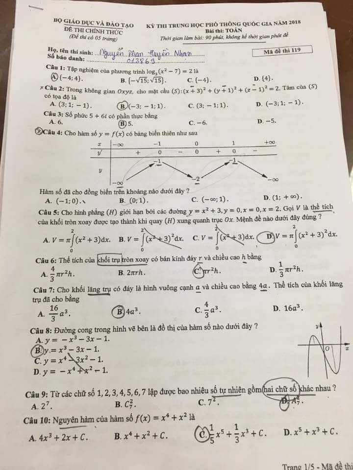 Đề thi, đáp án môn Toán mã đề 119 THPT Quốc gia 2018 chuẩn nhất