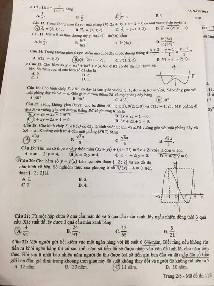 Đề thi, đáp án môn Toán mã đề 119 THPT Quốc gia 2018 chuẩn nhất (Hình 2).