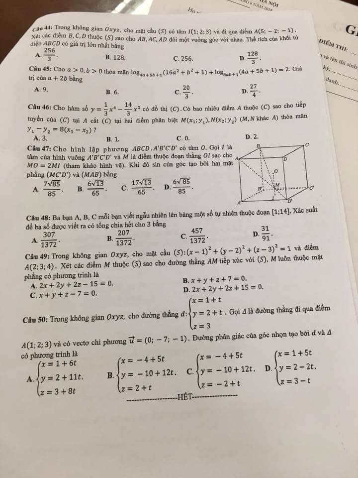 Đề thi, đáp án môn Toán mã đề 119 THPT Quốc gia 2018 chuẩn nhất (Hình 5).