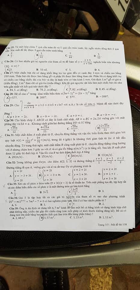Đề thi, đáp án môn Toán mã đề 118 THPT Quốc gia 2018 chuẩn nhất (Hình 2).