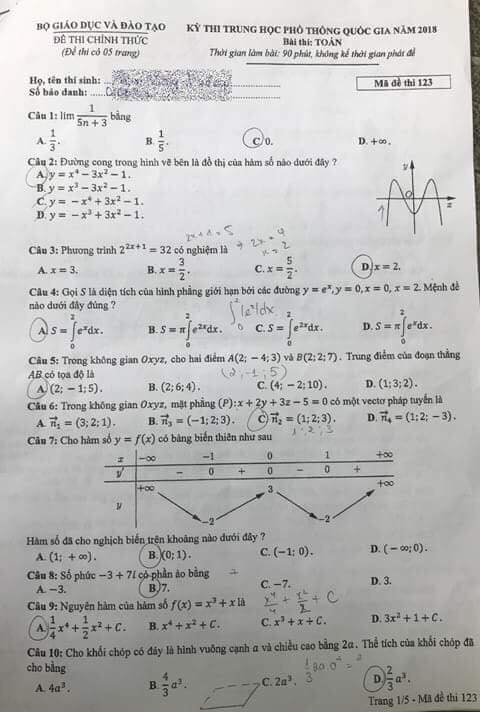 Đề thi, đáp án môn Toán mã đề 123 THPT Quốc gia 2018 chuẩn nhất