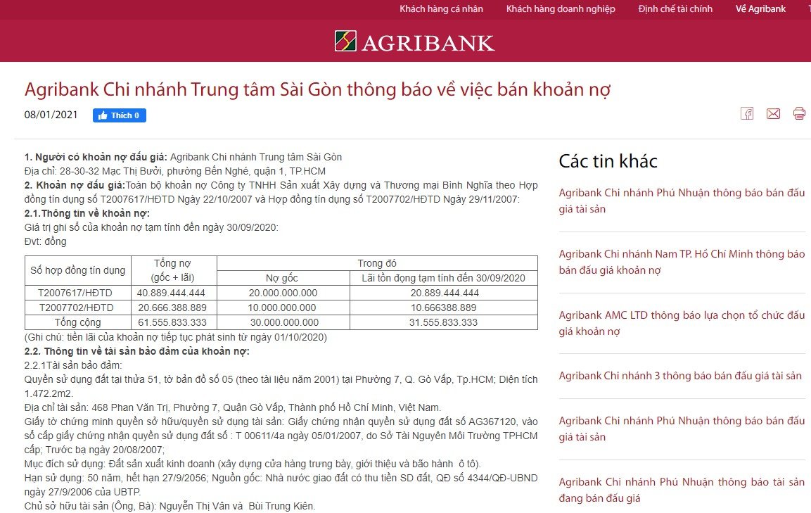 Kết nối - Agribank rao bán tài sản của Công ty Bình Nghĩa để thu hồi nợ