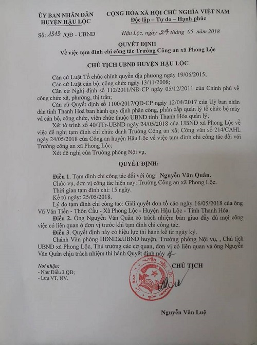 Thanh Hóa: Tạm đình chỉ Trưởng công an xã vào nhà nghỉ cùng vợ bạn thân