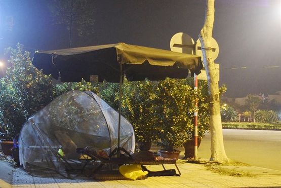 Một người bán mai khác cũng đến từ Bình Định mắc võng ngủ ngay bên vỉa hè đường Nguyễn Hữu Thọ​