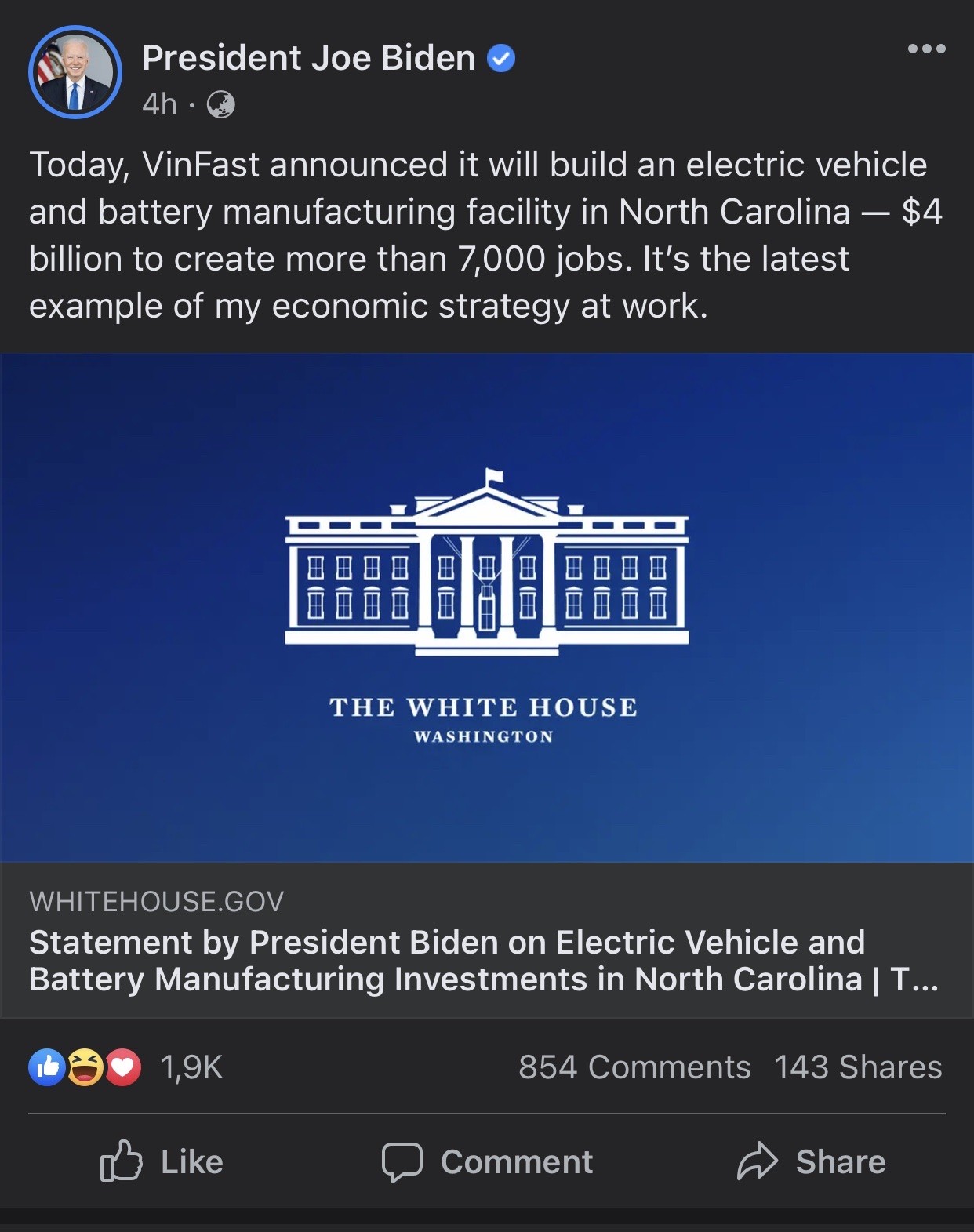 Thế giới - Tổng thống Joe Biden nói gì về dự án nhà máy 4 tỷ USD của Vinfast tại Mỹ?