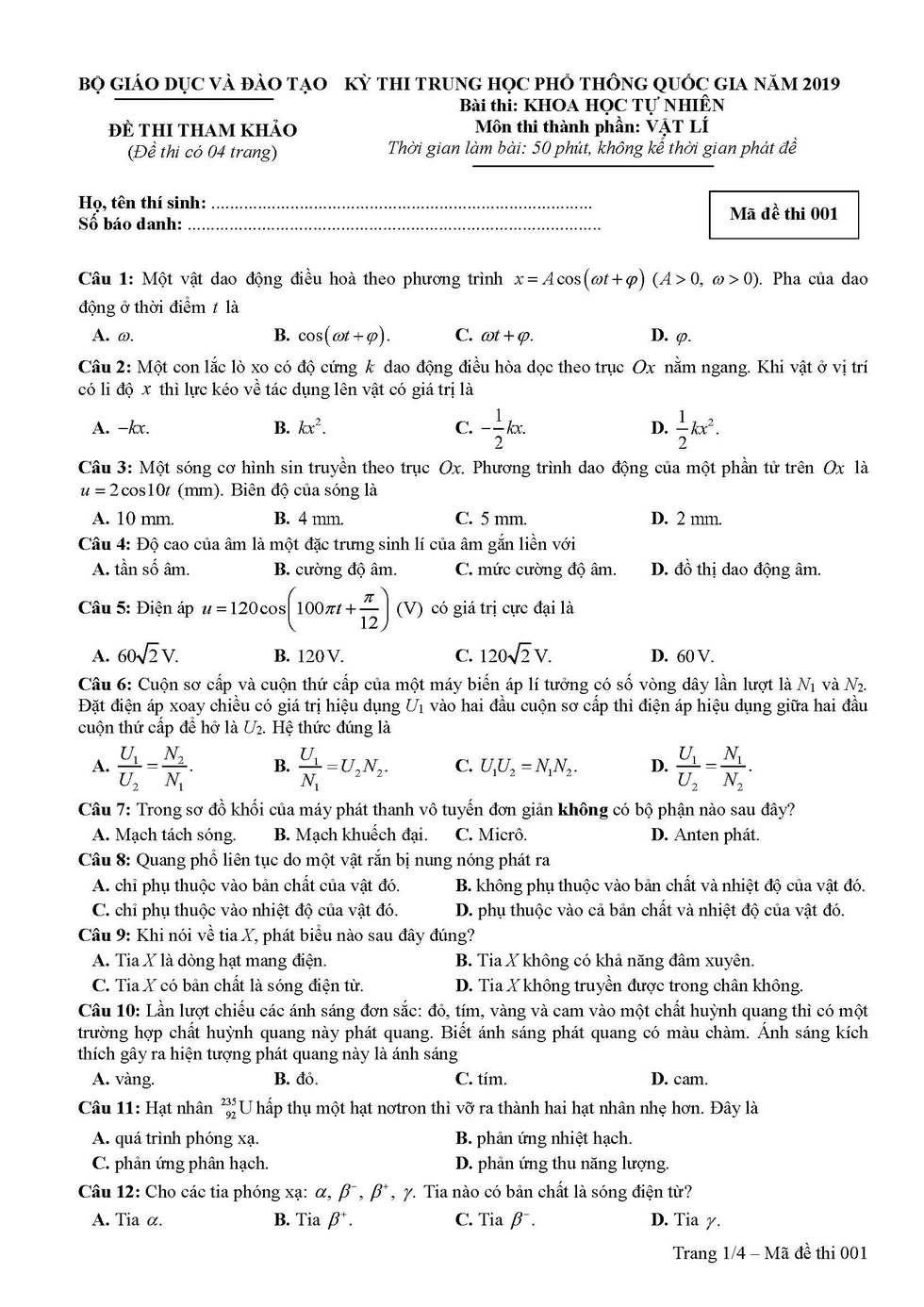 Giáo dục - Đáp án đề thi môn Vật Lý thi THPT Quốc gia 2019 chuẩn nhất trọn bộ 24 mã đề  (Hình 2).