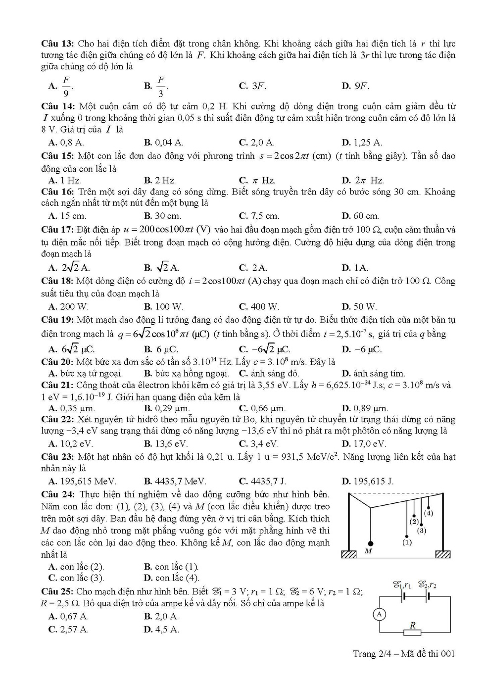Giáo dục - Đáp án đề thi môn Vật Lý thi THPT Quốc gia 2019 chuẩn nhất trọn bộ 24 mã đề  (Hình 3).