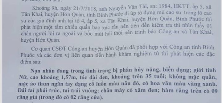 An ninh - H&igrave;nh sự - Truy t&igrave;m danh t&iacute;nh thi thể người phụ nữ giấu trong bao tải giữa l&ocirc; cao su (H&igrave;nh 2).