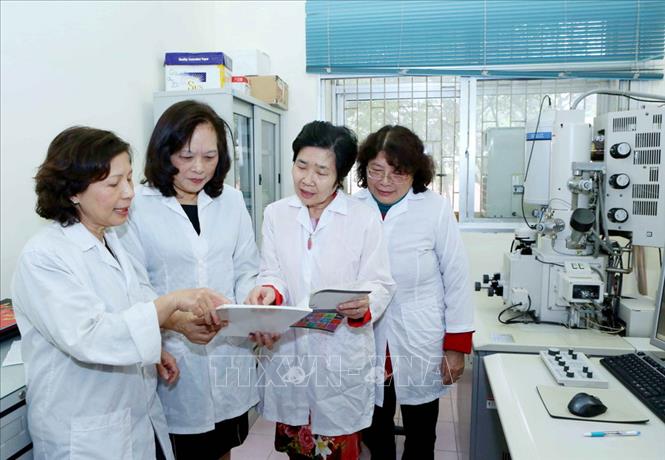 Tập thể các nhà khoa học nữ của Viện Hàn lâm Khoa học và Công nghệ Việt Nam, gồm các Phó Giáo sư, Tiến sỹ: Trần Kim Anh, Vũ Thị Bích, Phạm Thị Thu Nga, Trần Hồng Nhung và Nguyễn Phương Tùng nhận Giải thưởng Kovalevskaia năm 2016 với “Cụm công trình nghiên cơ bản định hướng ứng dụng về khoa học và công nghệ nano”. (Ảnh: Phương Hoa/TTXVN)