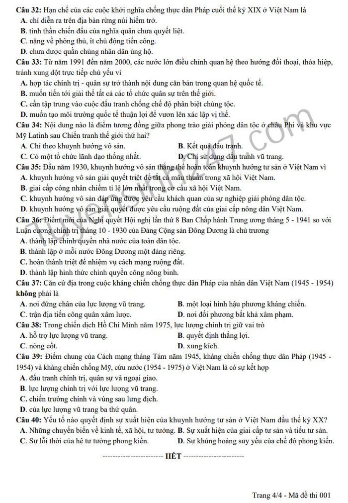 Giáo dục - Đáp án đề thi môn Lịch sử thi THPT Quốc gia 2019 chuẩn nhất trọn bộ 24 mã đề (Hình 4).