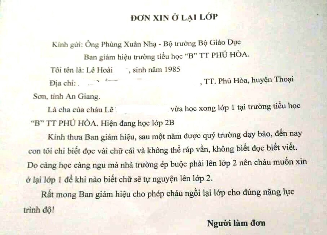 Giáo dục - Thực hư chuyện bố viết đơn gửi Bộ trưởng Bộ GD-ĐT xin cho con ở lại lớp