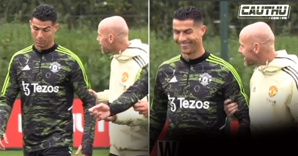 Bóng đá Anh - Ten Hag và Ronaldo cười đùa vui vẻ trước trận gặp FC Sheriff