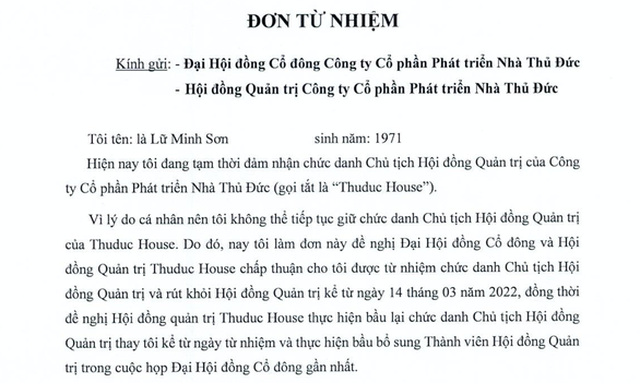 Bất động sản - Chủ tịch HĐQT Nhà Thủ Đức từ chức sau một tháng tại nhiệm