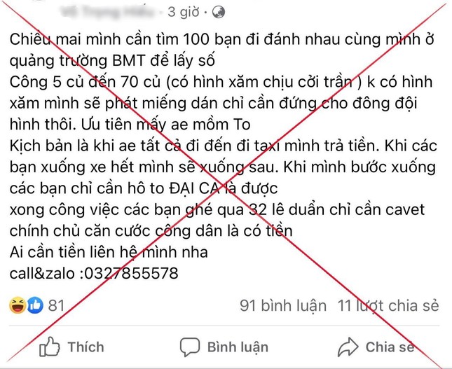 An ninh - Hình sự - Xử phạt một trường hợp đăng tin thuê người đi đánh nhau để “câu like”