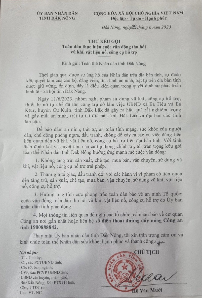 An ninh - Hình sự - Đắk Nông vận động thu hồi vũ khí, vật liệu nổ và công cụ hỗ trợ 