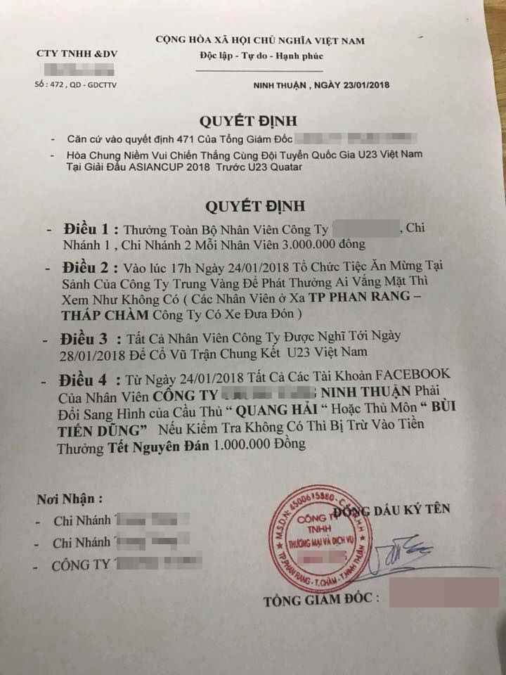 Xã hội - U23 Việt Nam vào chung kết, sếp thưởng nóng mỗi nhân viên 3 triệu đồng