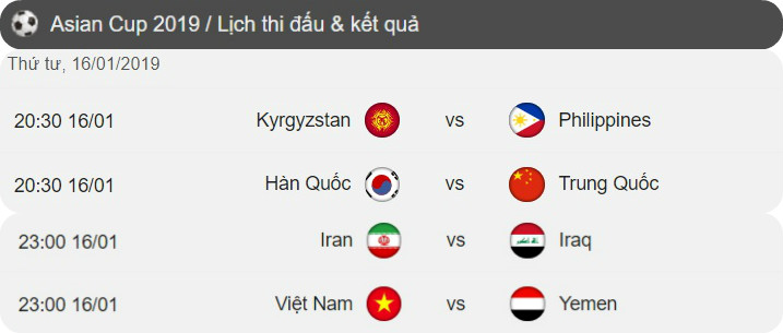 Thể thao - Lịch thi đấu bóng đá nam Asian Cup 2019 ngày 16/1/2019 chi tiết nhất