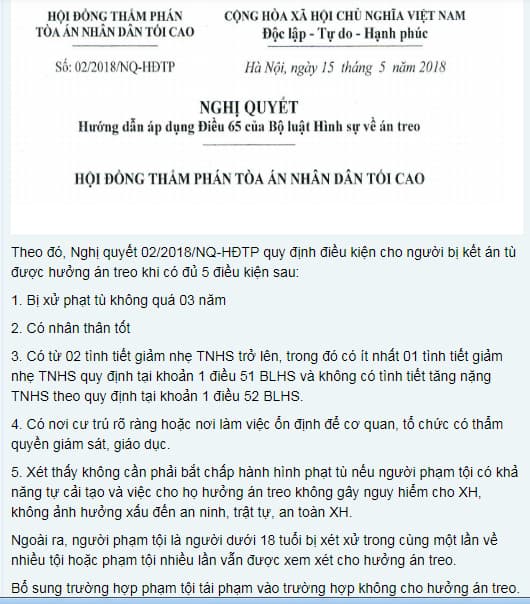 Điều kiện để được hưởng án treo áp dụng từ 1/7/2018
