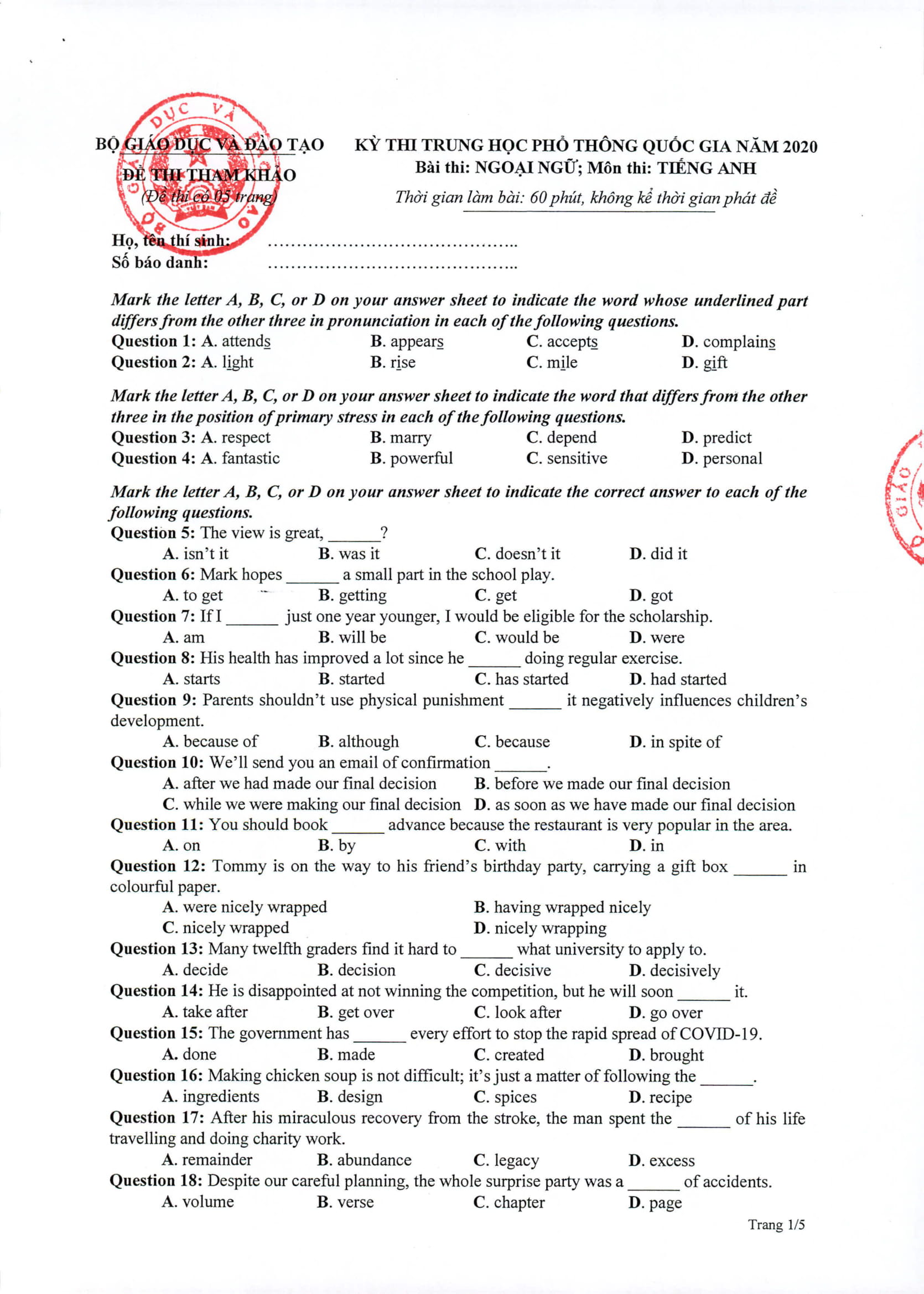 Giáo dục - Tổng hợp đề thi minh họa kỳ thi THPT Quốc gia 2020 (Hình 31).