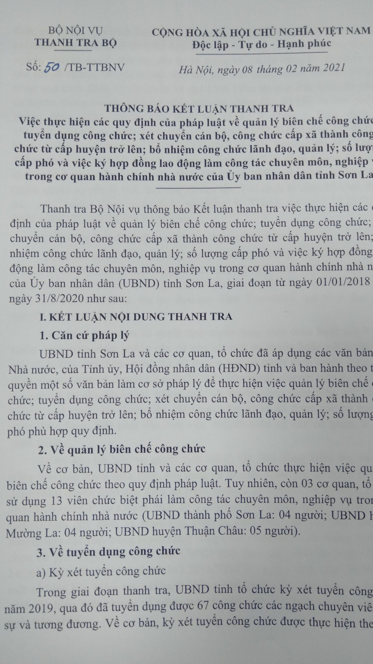 Tin nhanh - Sơn La: Xử lý sai phạm trong tuyển dụng, bổ nhiệm công chức