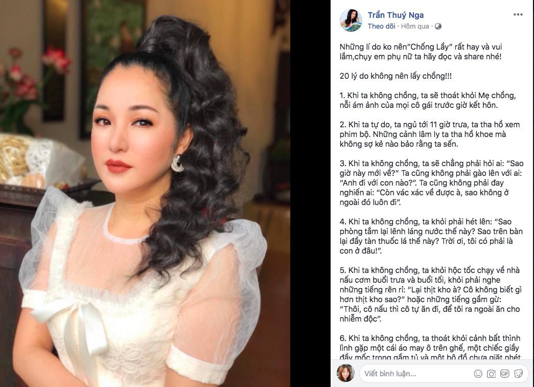 Ngôi sao - Danh hài Thúy Nga chia sẻ “20 lý do không nên lấy chồng”