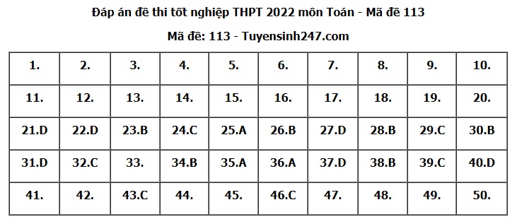 Giáo dục - Đáp án đề thi môn Toán tốt nghiệp THPT 2022 chuẩn nhất mã đề 113