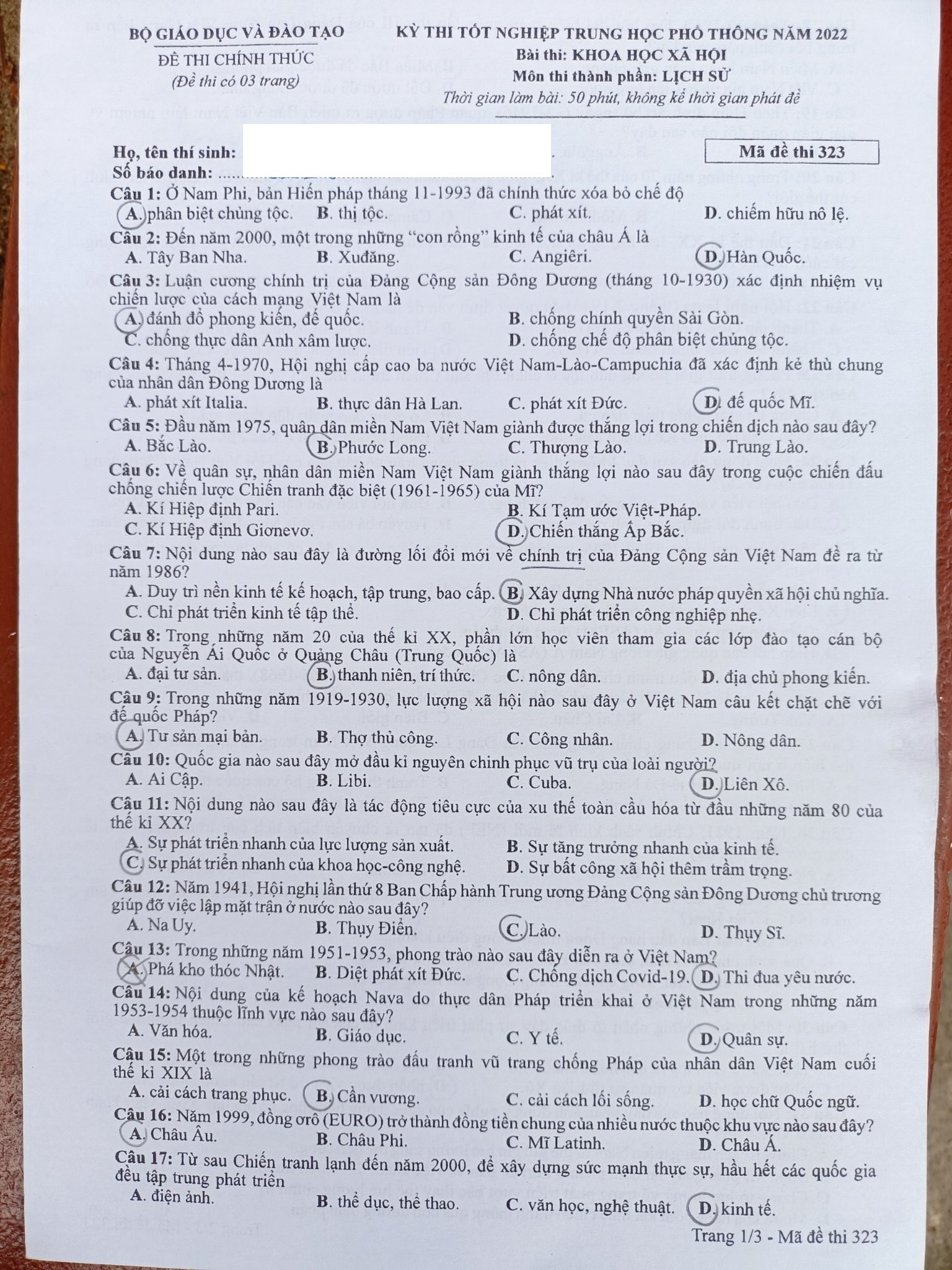 Giáo dục - Đáp án đề thi môn Lịch sử kỳ thi tốt nghiệp THPT 2022 chính xác nhất, nhanh nhất mã đề 323