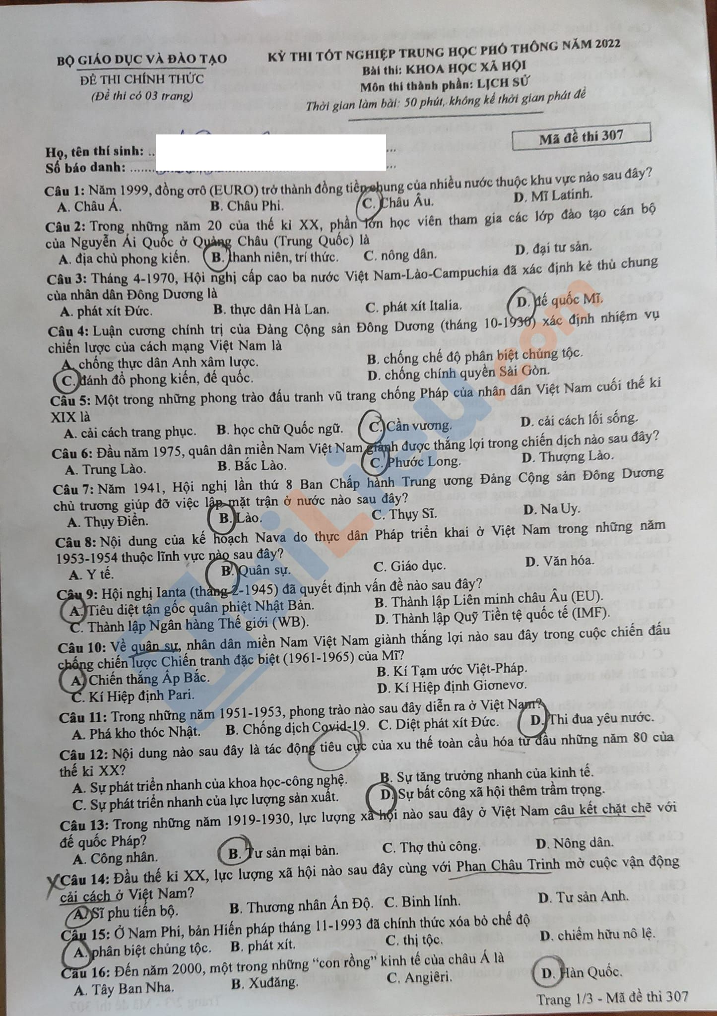 Giáo dục - Đáp án đề thi môn Lịch sử kỳ thi tốt nghiệp THPT 2022 chính xác nhất, nhanh nhất mã đề 307