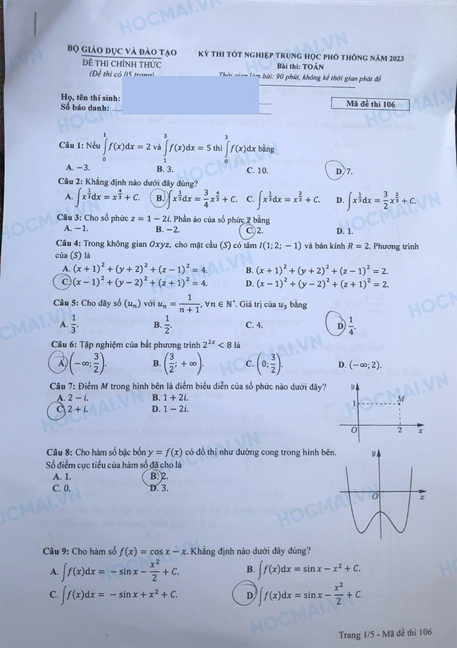 Giáo dục - Đề thi, đáp án môn Toán thi tốt nghiệp THPT 2023 chuẩn nhất mã đề 106