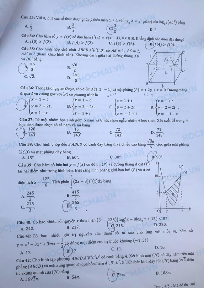 Giáo dục - Đề thi, đáp án môn Toán thi tốt nghiệp THPT 2023 chuẩn nhất mã đề 106 (Hình 4).