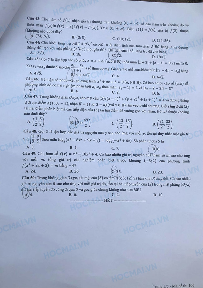 Giáo dục - Đề thi, đáp án môn Toán thi tốt nghiệp THPT 2023 chuẩn nhất mã đề 106 (Hình 5).