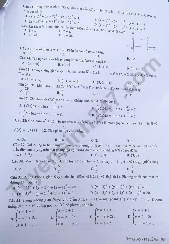 Giáo dục - Đề thi, đáp án môn Toán thi tốt nghiệp THPT 2023 chuẩn nhất mã đề 109 (Hình 3).