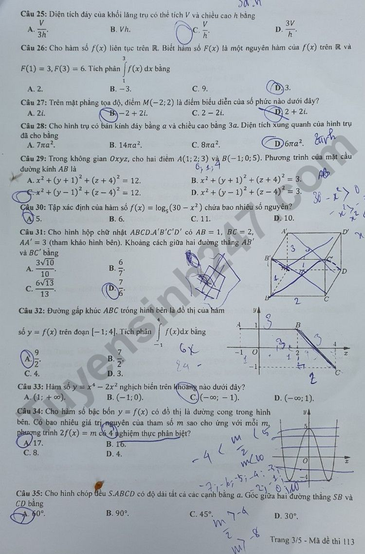 Giáo dục - Đề thi, đáp án môn Toán thi tốt nghiệp THPT 2023 chuẩn nhất mã đề 113 (Hình 3).