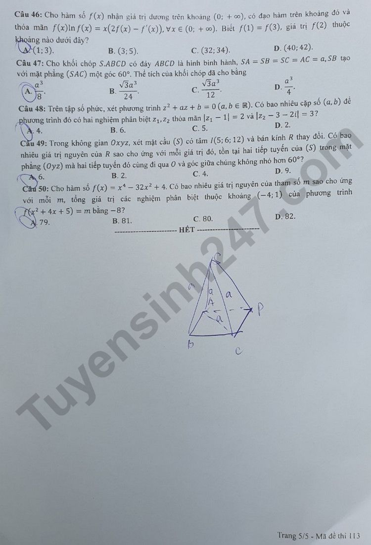 Giáo dục - Đề thi, đáp án môn Toán thi tốt nghiệp THPT 2023 chuẩn nhất mã đề 113 (Hình 5).