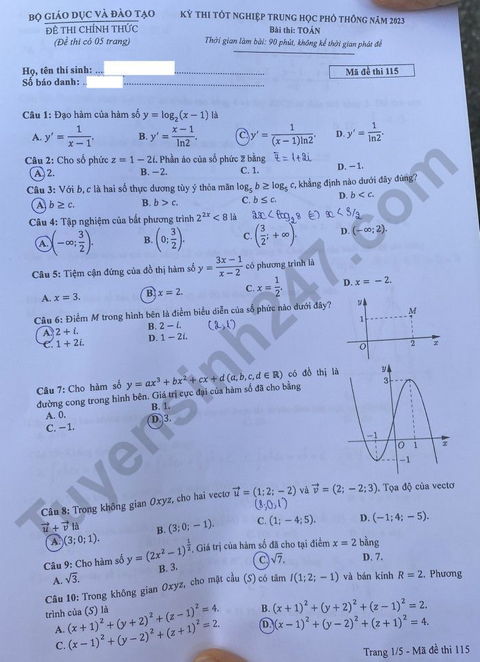 Giáo dục - Đề thi, đáp án môn Toán thi tốt nghiệp THPT 2023 chuẩn nhất mã đề 115