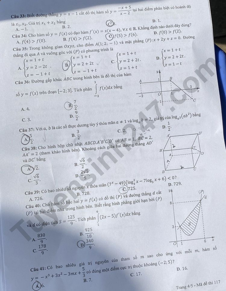 Giáo dục - Đề thi, đáp án môn Toán thi tốt nghiệp THPT 2023 chuẩn nhất mã đề 117 (Hình 4).