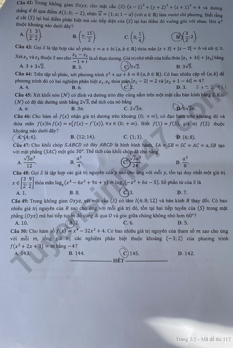 Giáo dục - Đề thi, đáp án môn Toán thi tốt nghiệp THPT 2023 chuẩn nhất mã đề 117 (Hình 5).