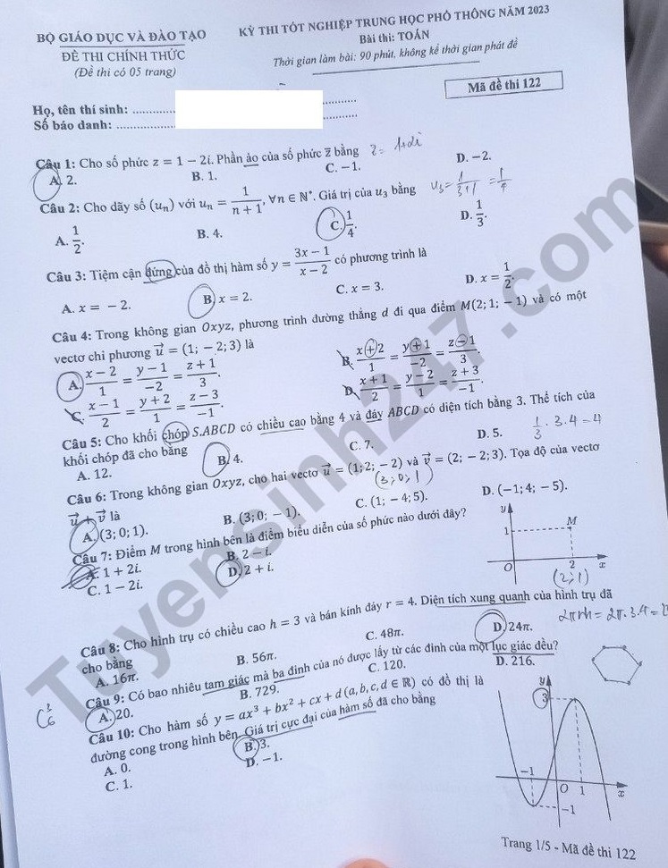 Giáo dục - Đề thi, đáp án môn Toán thi tốt nghiệp THPT 2023 chuẩn nhất mã đề 122