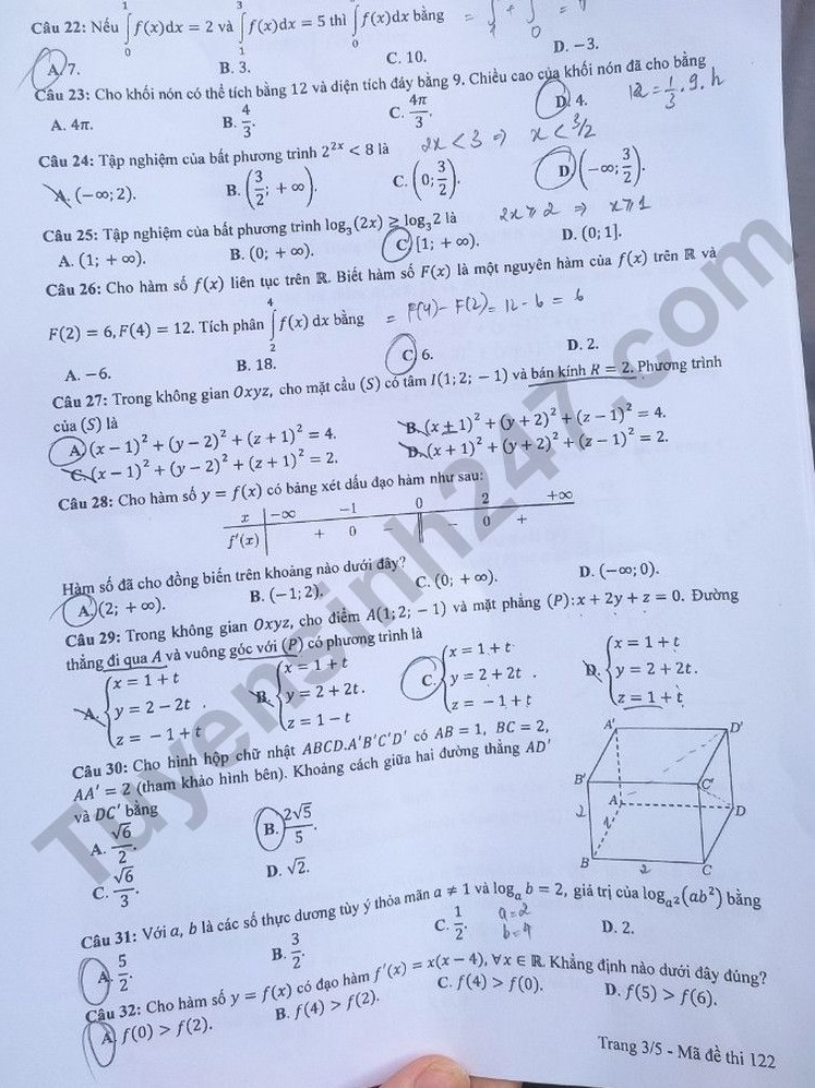 Giáo dục - Đề thi, đáp án môn Toán thi tốt nghiệp THPT 2023 chuẩn nhất mã đề 122 (Hình 3).