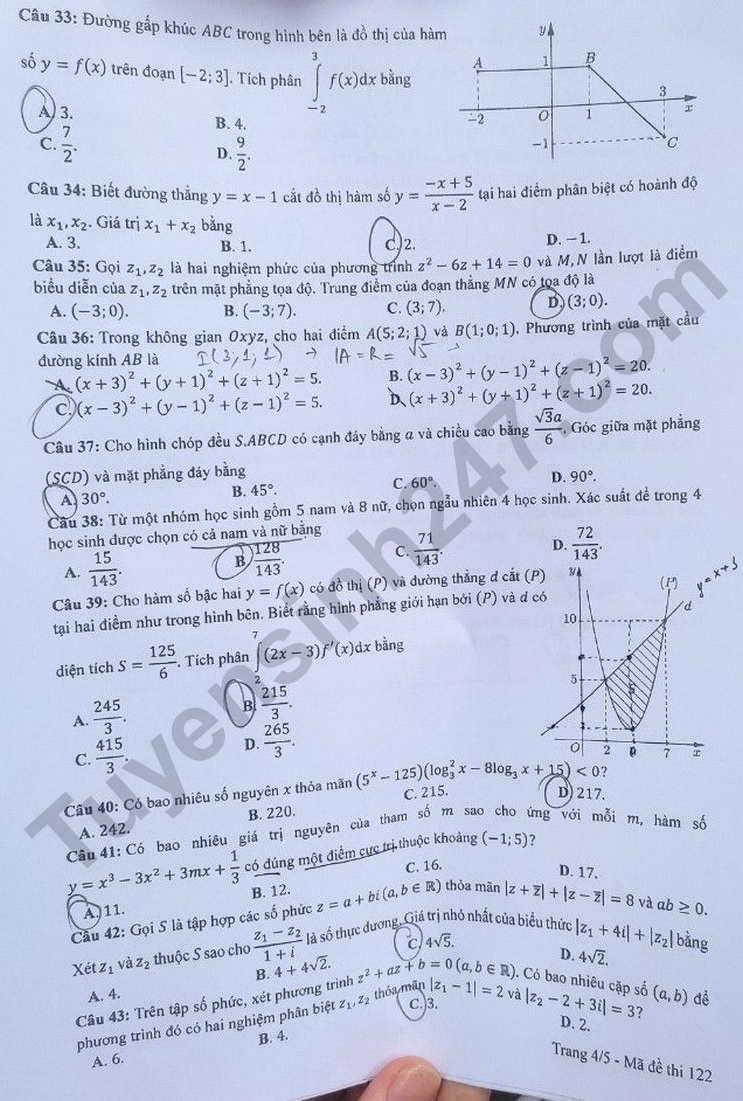 Giáo dục - Đề thi, đáp án môn Toán thi tốt nghiệp THPT 2023 chuẩn nhất mã đề 122 (Hình 4).