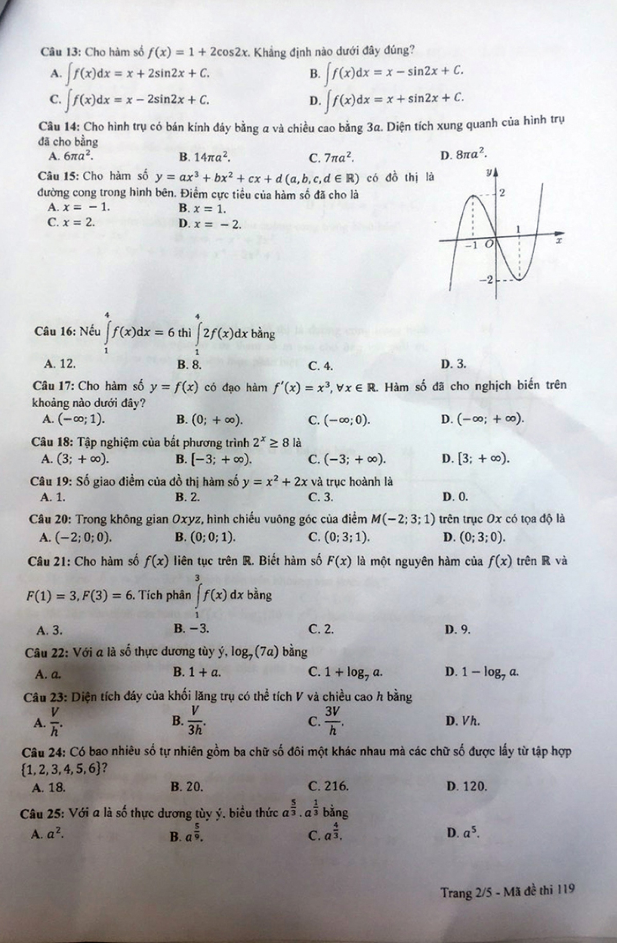 Giáo dục - Đề thi, đáp án môn Toán thi tốt nghiệp THPT 2023 chuẩn nhất mã đề 119 (Hình 2).
