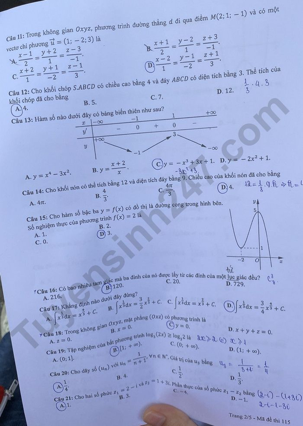 Giáo dục - Đề thi, đáp án môn Toán thi tốt nghiệp THPT 2023 chuẩn nhất mã đề 115 (Hình 2).