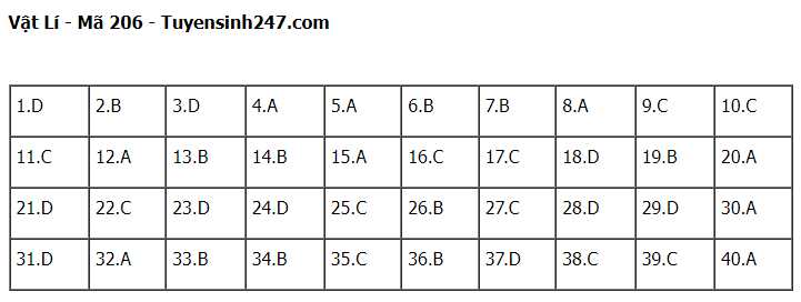 Giáo dục - Đề thi, đáp án môn Vật lý mã đề 206 thi tốt nghiệp THPT 2023