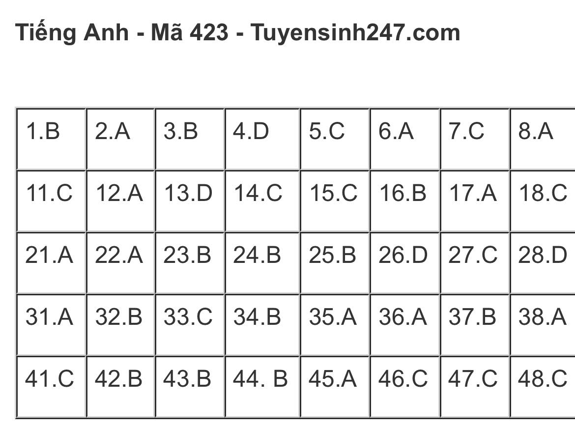 Giáo dục - Đáp án đề thi môn Ngoại ngữ thi tốt nghiệp THPT 2023 chuẩn nhất mã đề 423